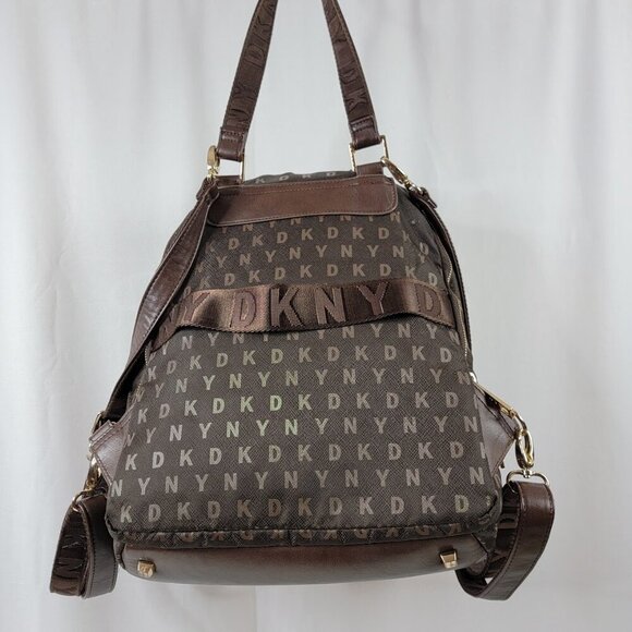 DKNY Logo Monogram Backpack | Brown Faux Leather Bookbag - Picture 5 of 8